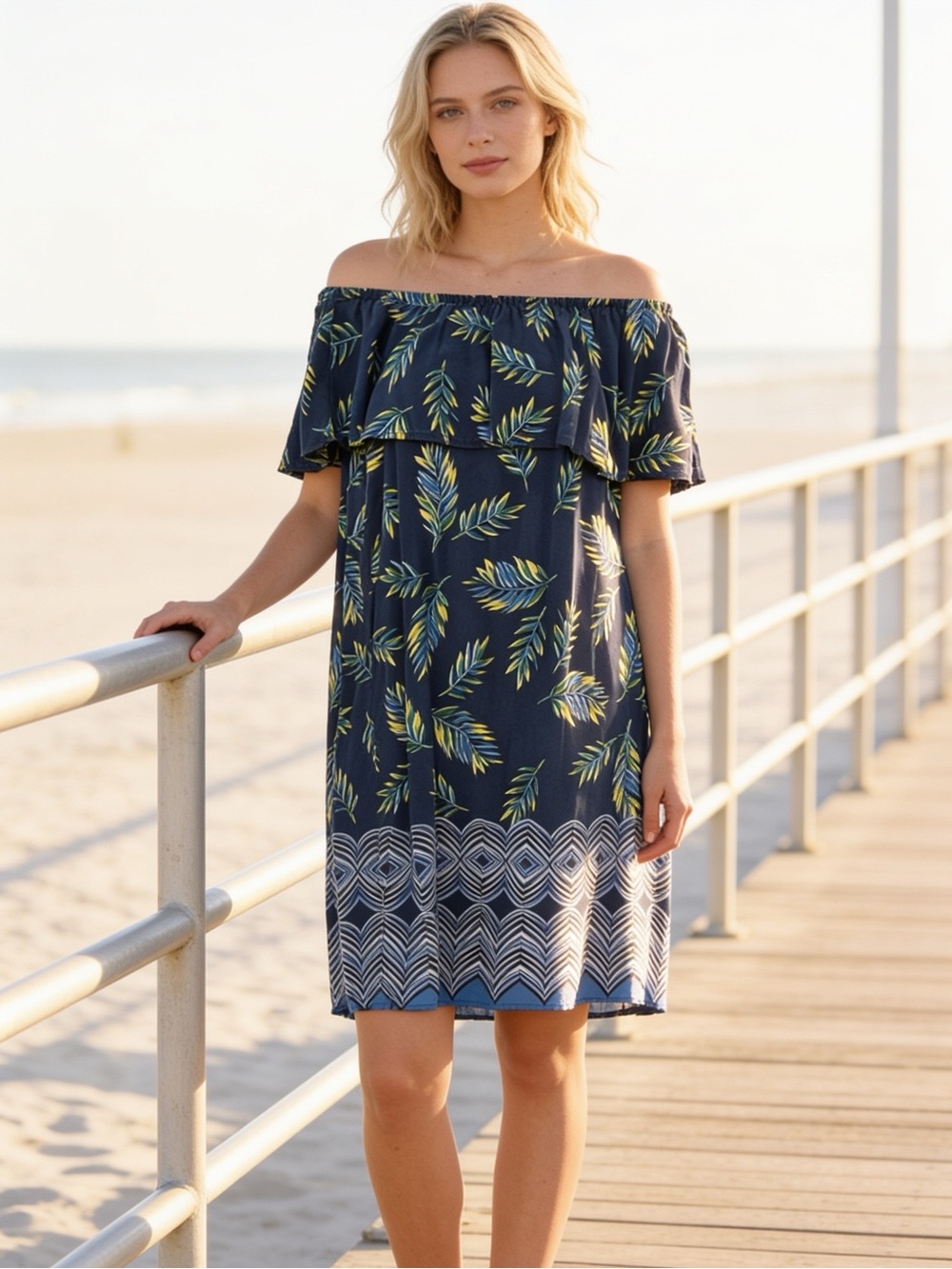 BeachLunchLounge Blue Tropical Palm Print Off Shoulder Mini Shift Dress M